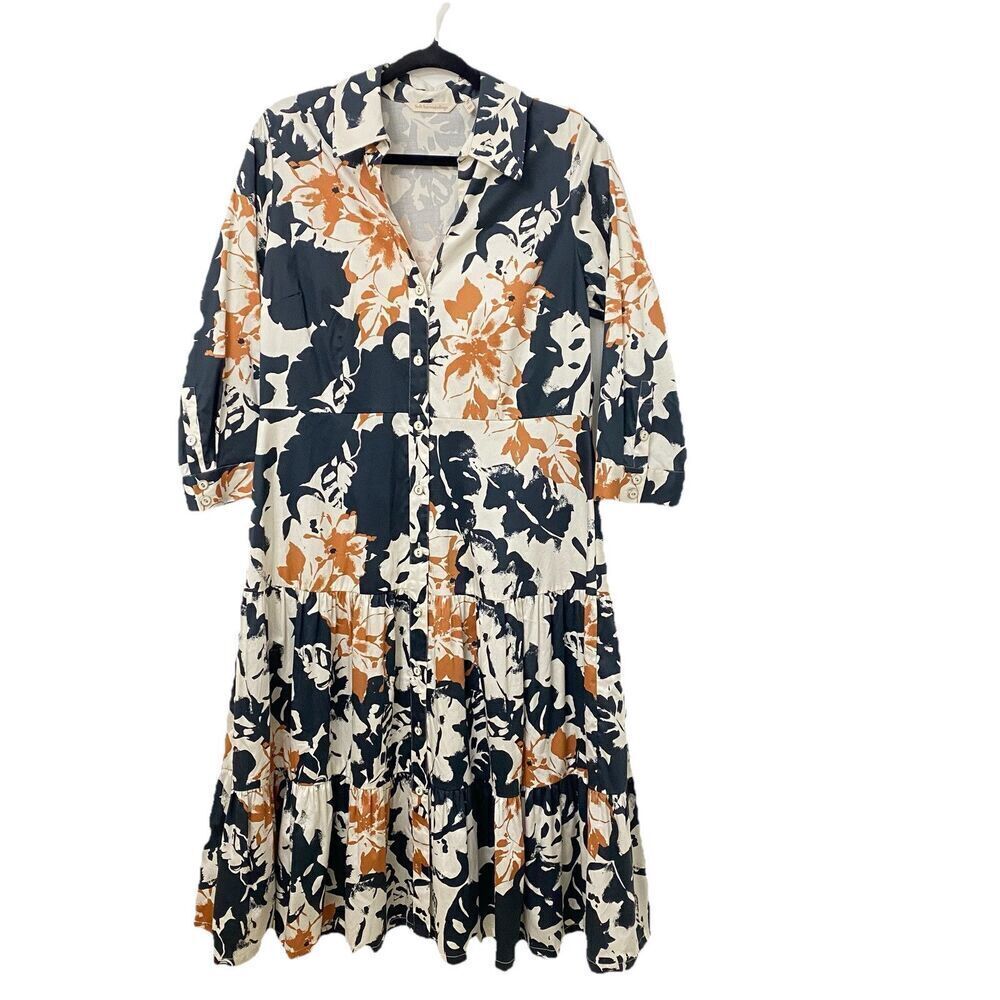 Soft Surroundings Moonglow Midi Dress Sz 12 -3/4 Sleeve Button Up Tiered Floral